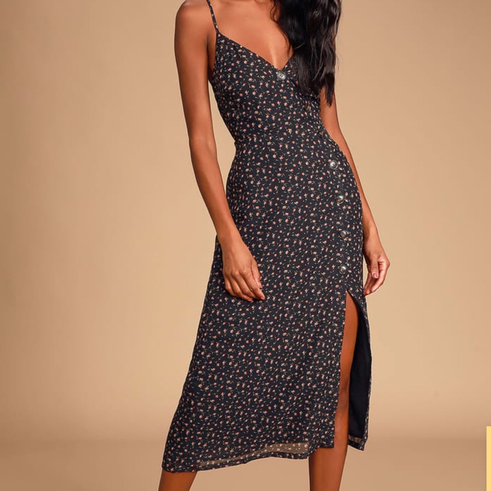 Black Floral Print Button-Front Midi Dress